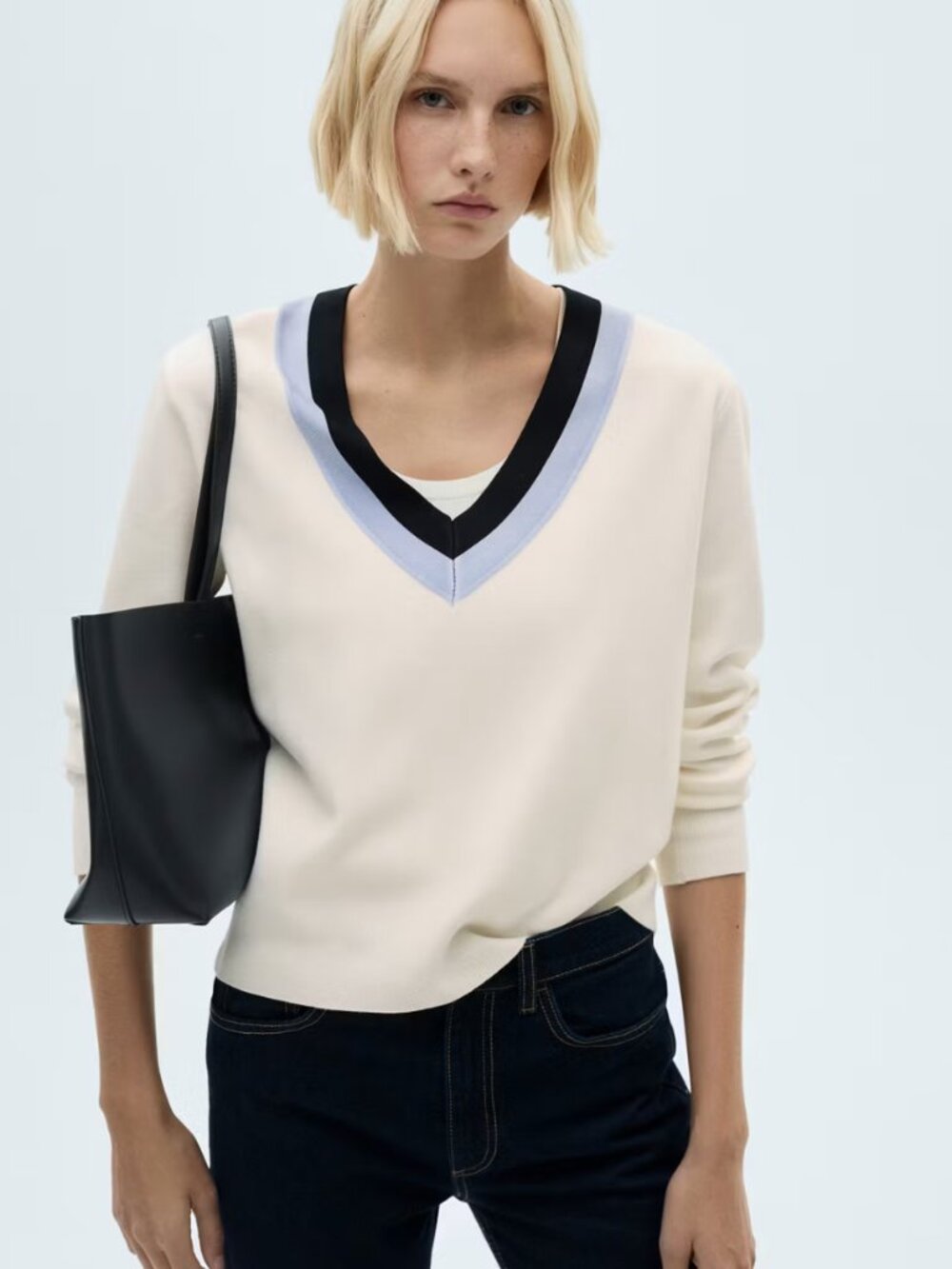 Mango Striped V-Neck Sweater, Size Small